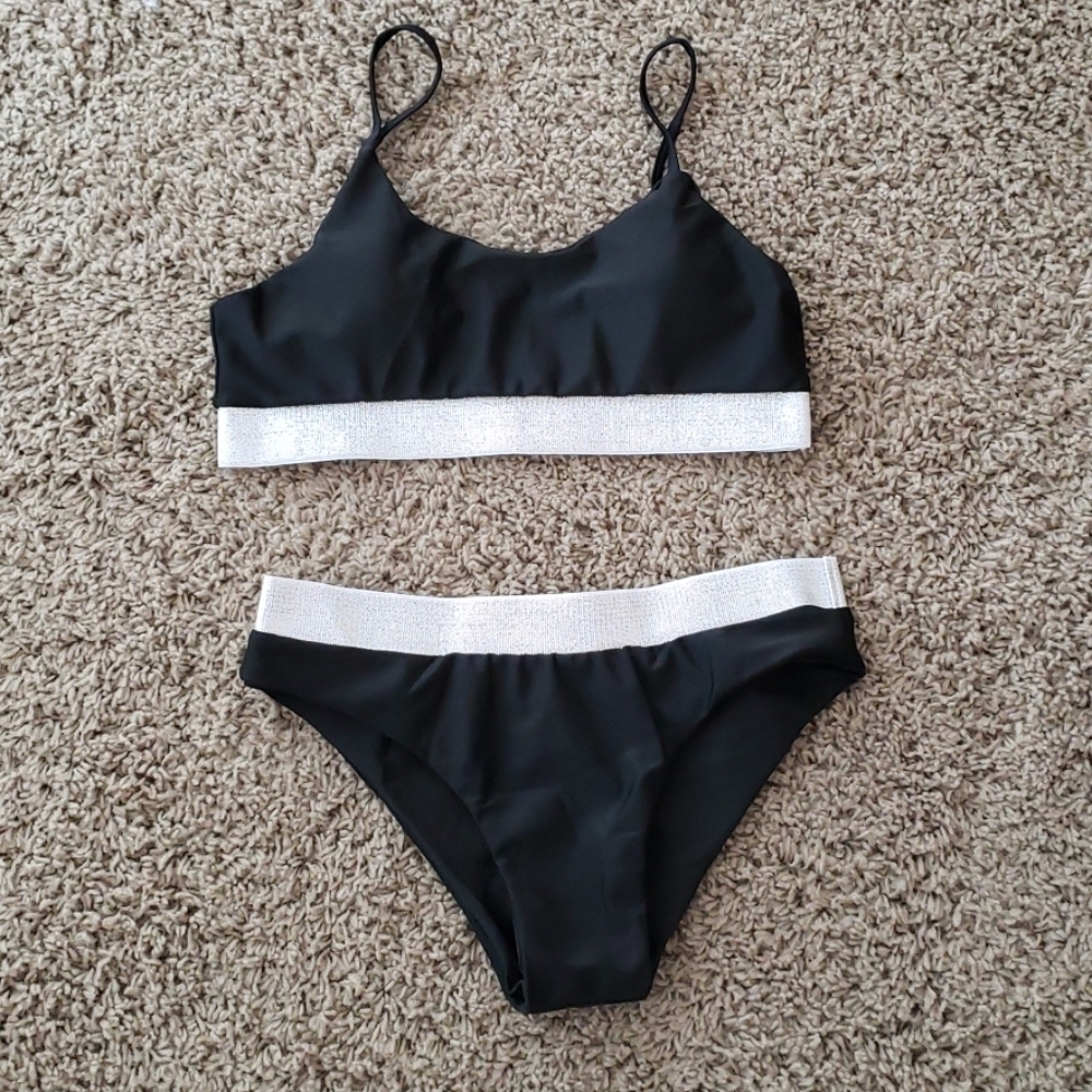 New Black Shimmering Bralette Top Bikini Set - Picture 3 of 7